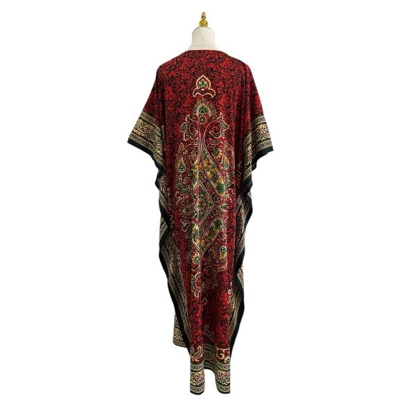 Maroon, Green Gold Tribal Print Silky Lounge Kaftan Hostess Gown size One Size - Picture 4 of 6